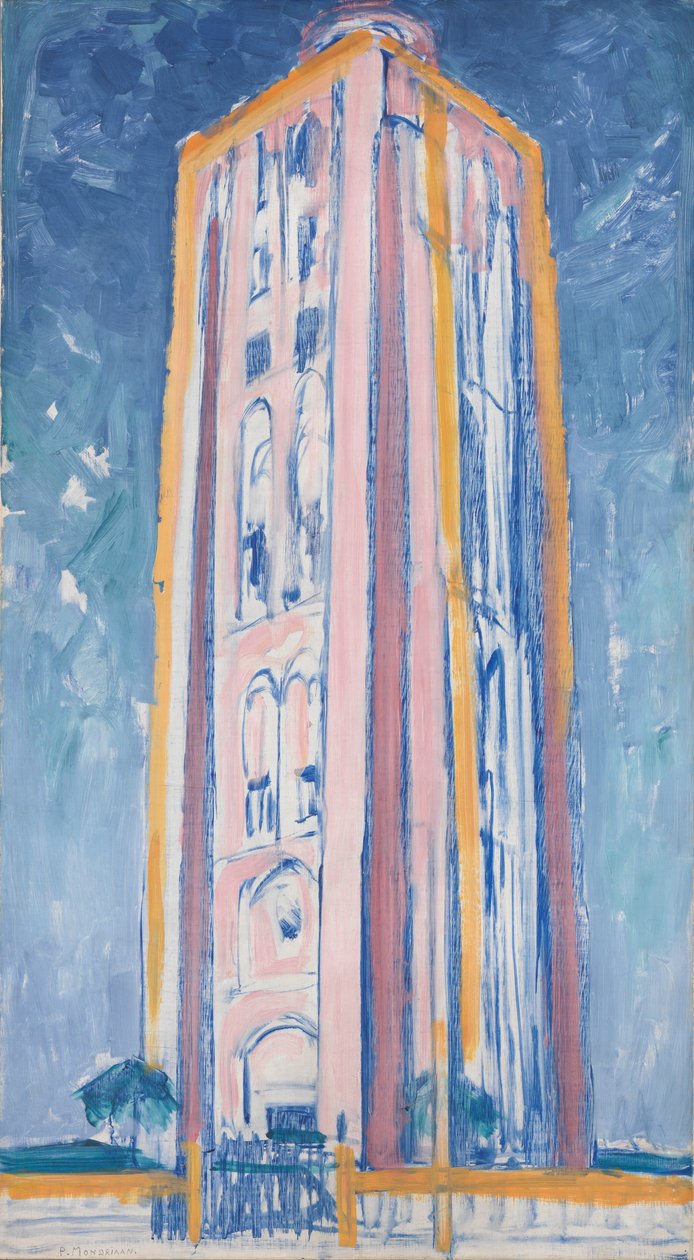 Fyrtårn ved Westkapelle i orange, pink, lilla og blå, ca. 1910 af Piet Mondrian