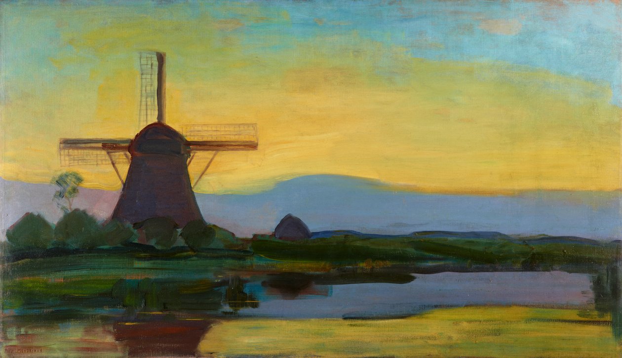 Oostzijdse Mølle med udvidet blå, gul og lilla himmel, ca. 1907 - begyndelsen af 1908 af Piet Mondrian