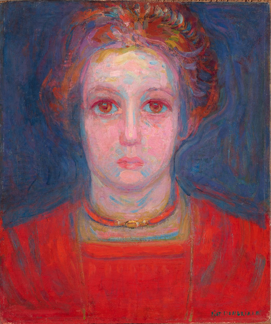 Portræt af en pige i rødt, ca. 1908-09 (olie på lærred monteret på panel) af Piet Mondrian