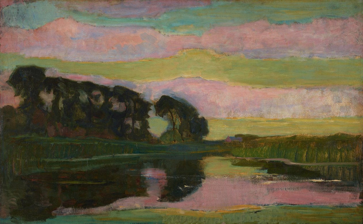Flodlandskab med en række træer til venstre, himmel med lyserøde og gulgrønne bånd: Farmstead on the Gein screenet af høje træer, ca. sent 1907-08 af Piet Mondrian