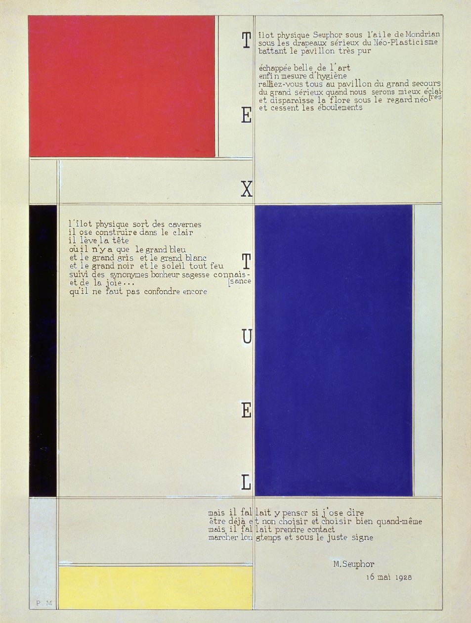 Tableau-digt, med tekst af Michel Seuphor, 1928 (blyant, pen, blæk & gouache på pap) af Piet Mondrian