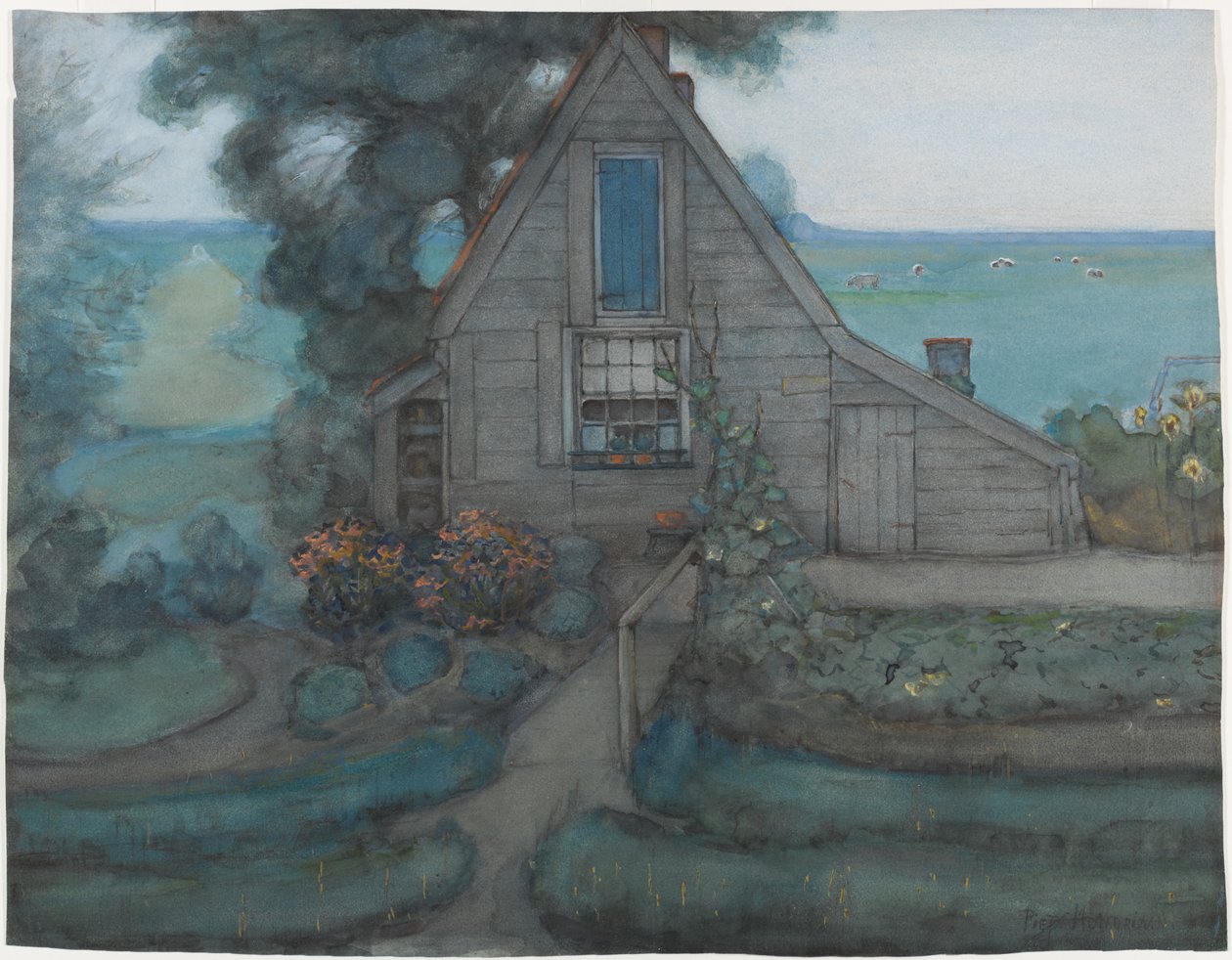 Trianguleret bondehusfacade med polder i blåt, ca. 1900 (wc & gouache på papir) af Piet Mondrian