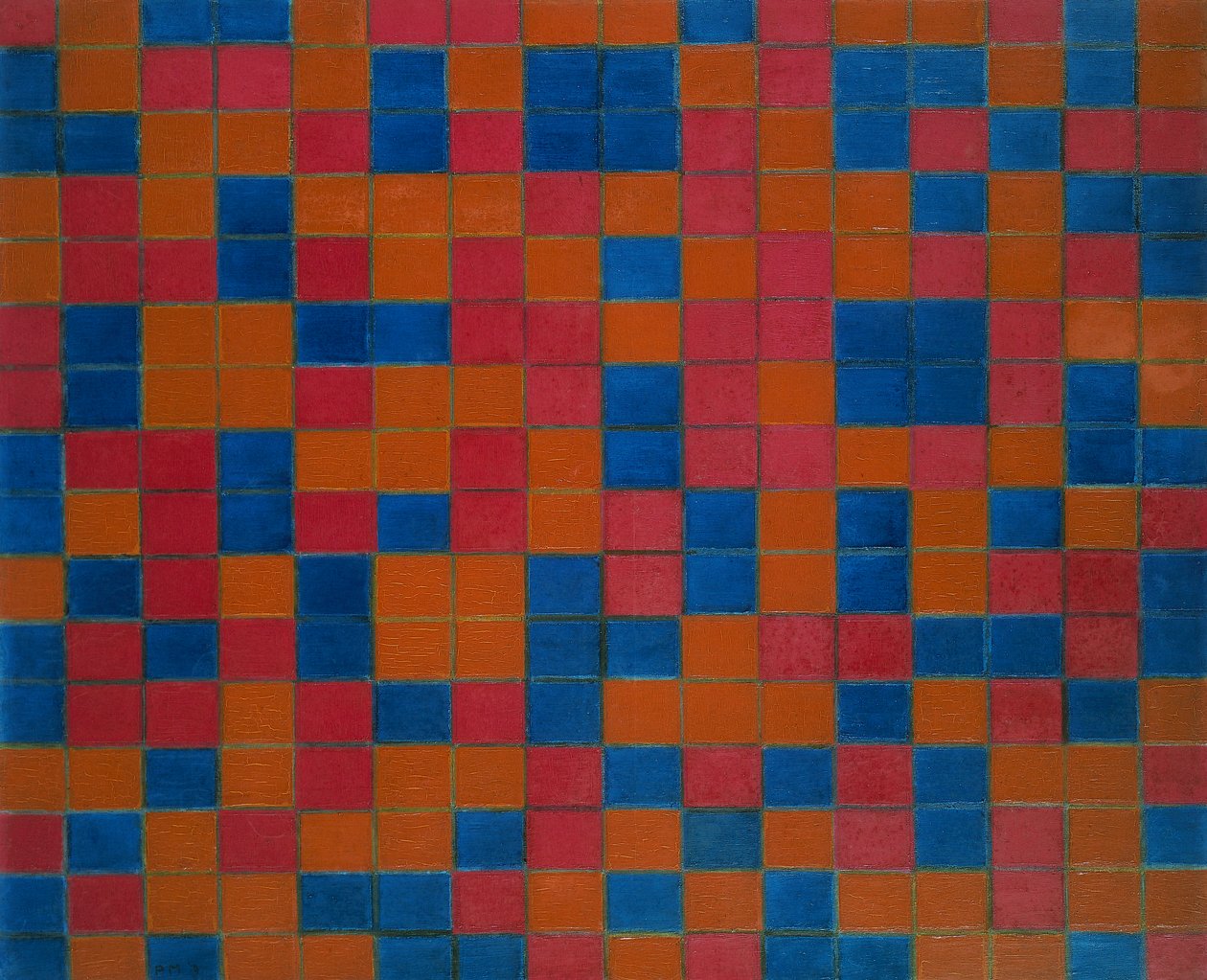 Skakternet brætsammensætning med mørke farver af Piet Mondrian