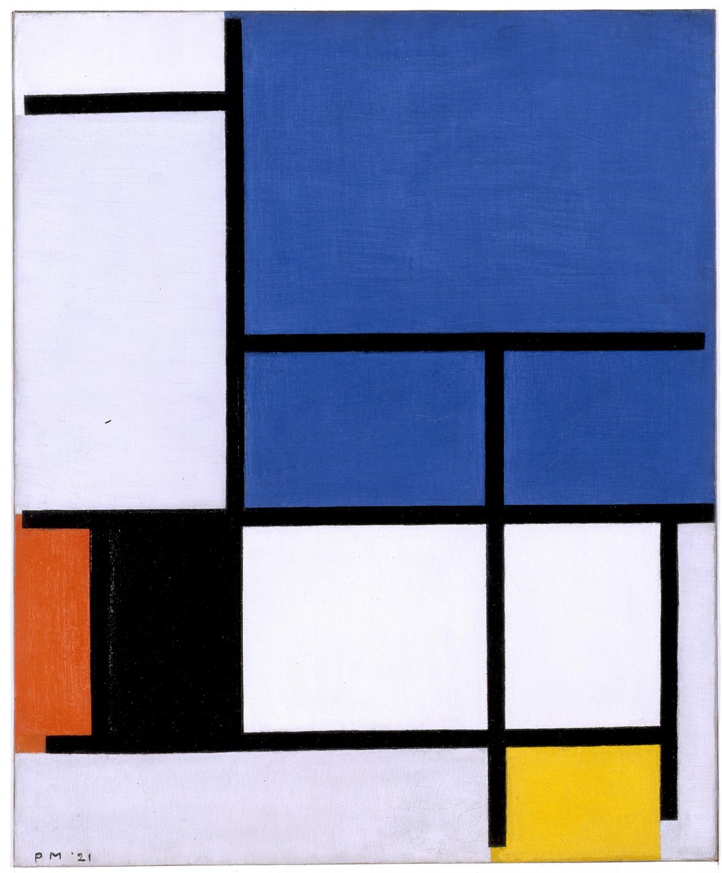 Sammensætning med stort blåt plan, rød, sort, gul og grå af Piet Mondrian