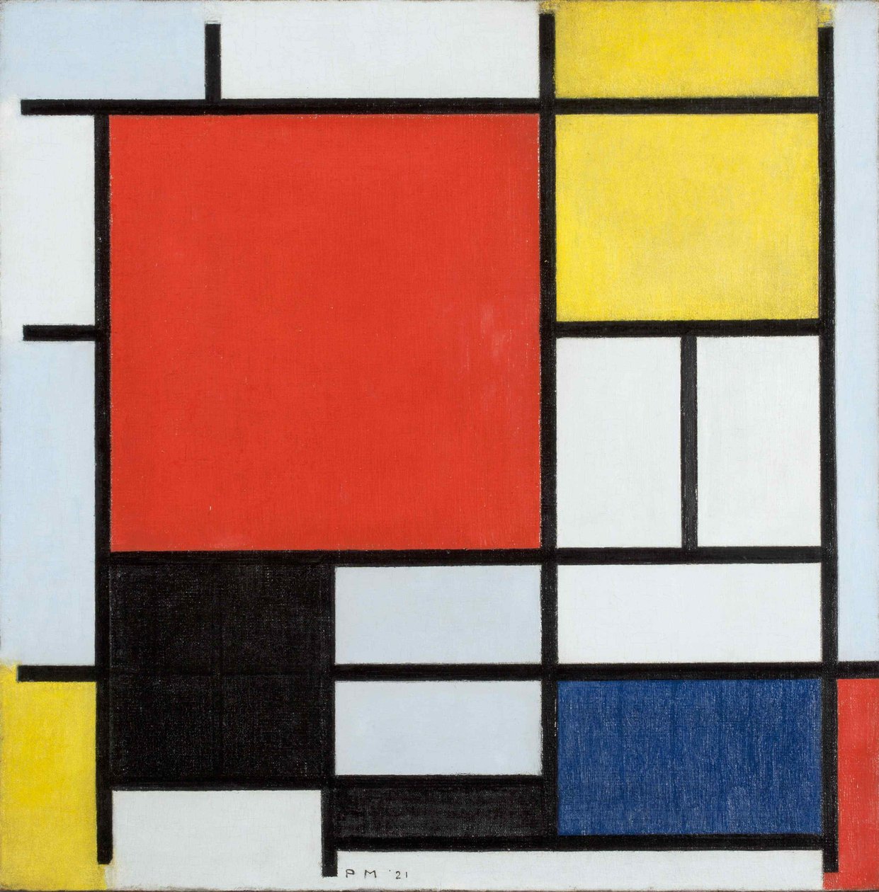 Sammensætning med Large Red Plane, gul, sort, grå og blå af Piet Mondrian
