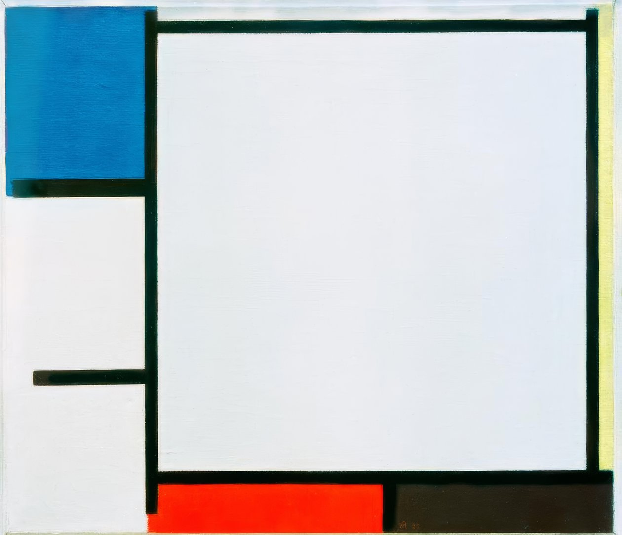 Sammensætning med blå, gul, rød, sort og grå af Piet Mondrian