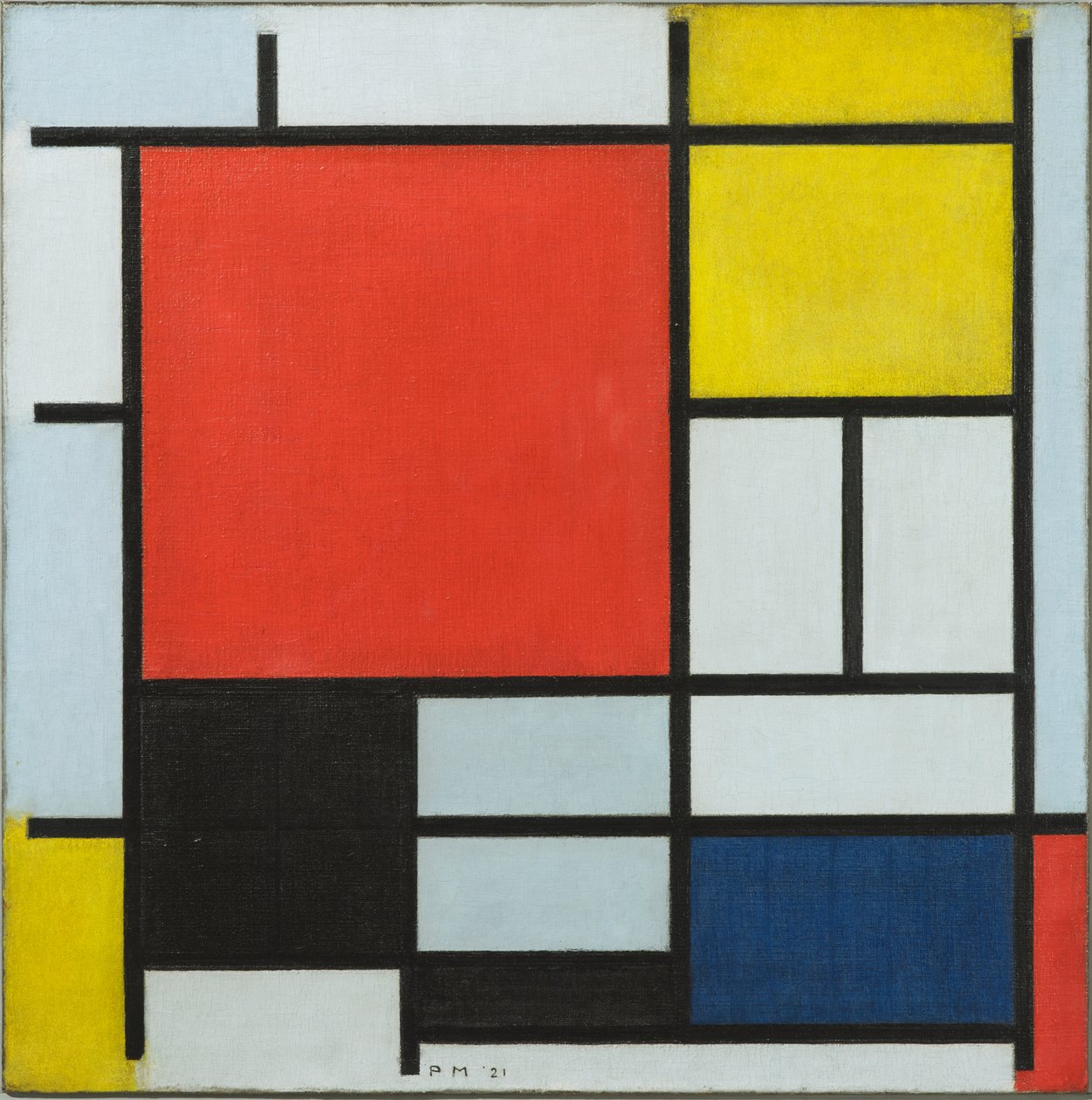 Komposition med stort rødt plan, gul, sort, grå og blå, 1921 af Piet Mondrian