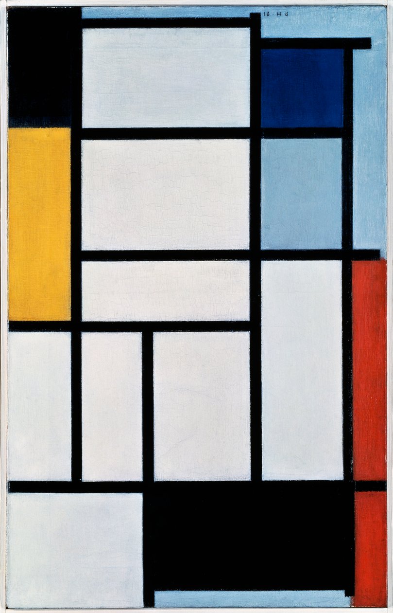 Sammensætning med rød, sort, gul, blå og grå af Piet Mondrian