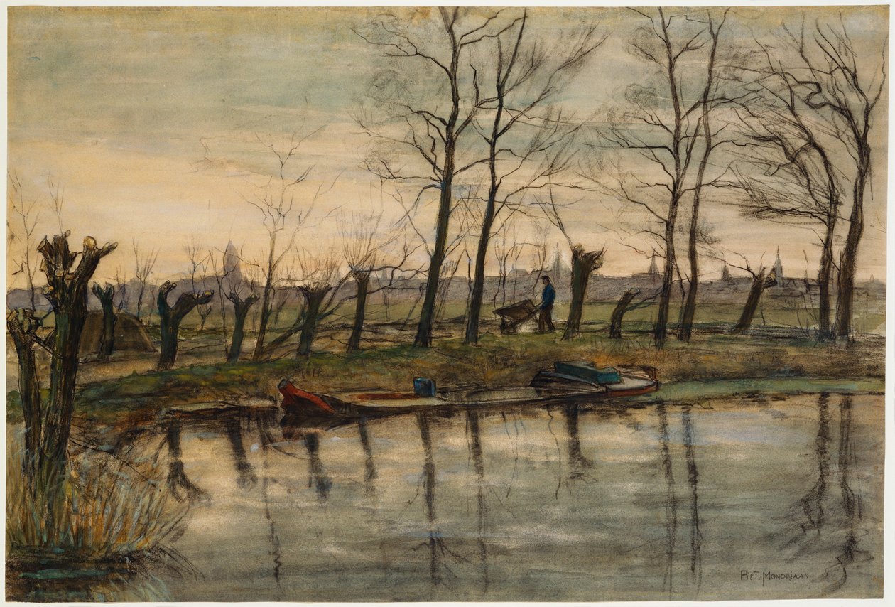 Farmer Returning to the Fields, ca. 1900 (w/c & trækul på papir) af Piet Mondrian