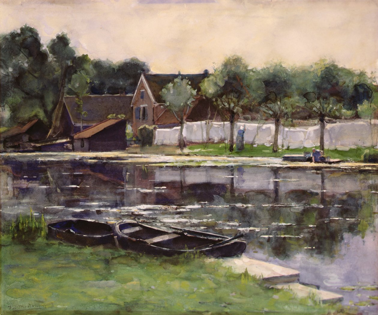 Bondekoner med vasketøj på grænsen til en flod af Piet Mondrian