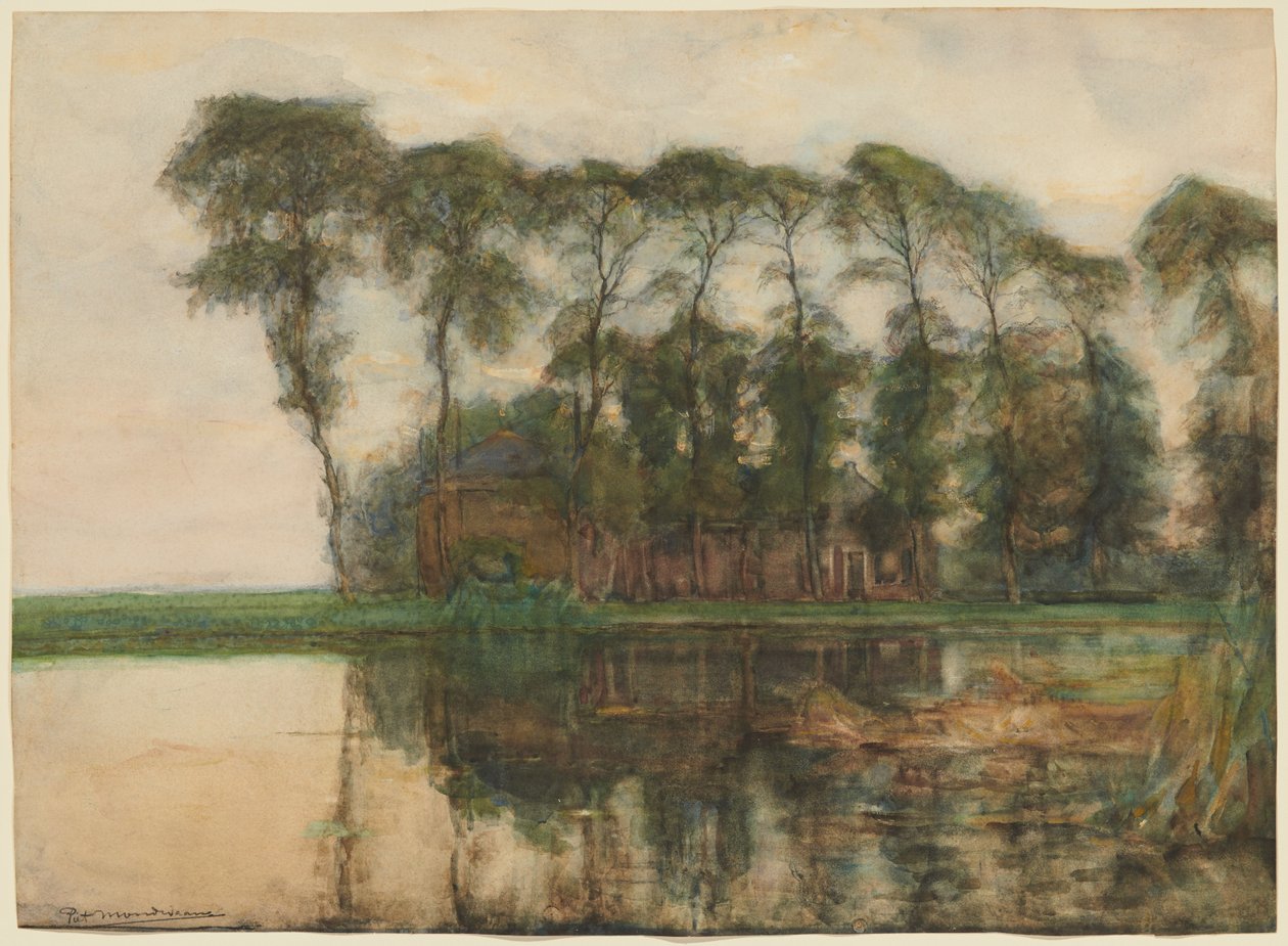 Gård ved vandet skjult af ni høje træer af Piet Mondrian