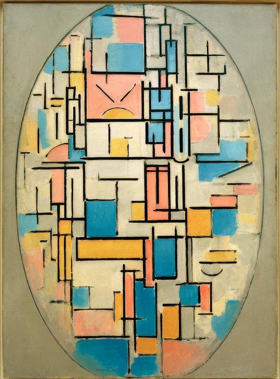 Sammensætning i den ovale cirkel med farvede områder 1 af Piet Mondrian