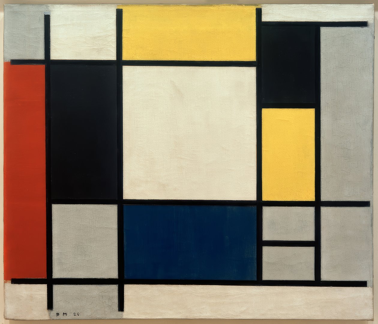 Sammensætning med gul, rød, sort, blå og grå af Piet Mondrian