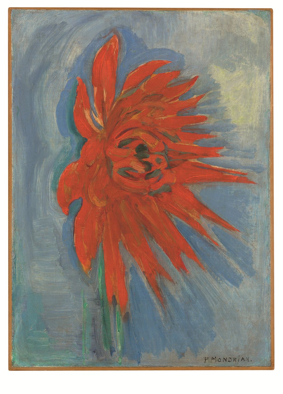 Rød krysantemum på blå baggrund, ca. 1909-10 (olie på lærred) af Piet Mondrian
