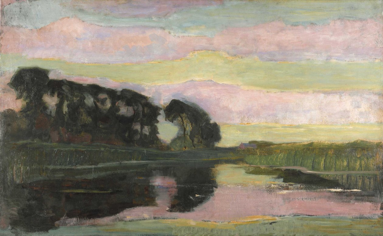 Flodlandskab med lyserød og gulgrøn himmel, ca 1907-1908. af Piet Mondrian