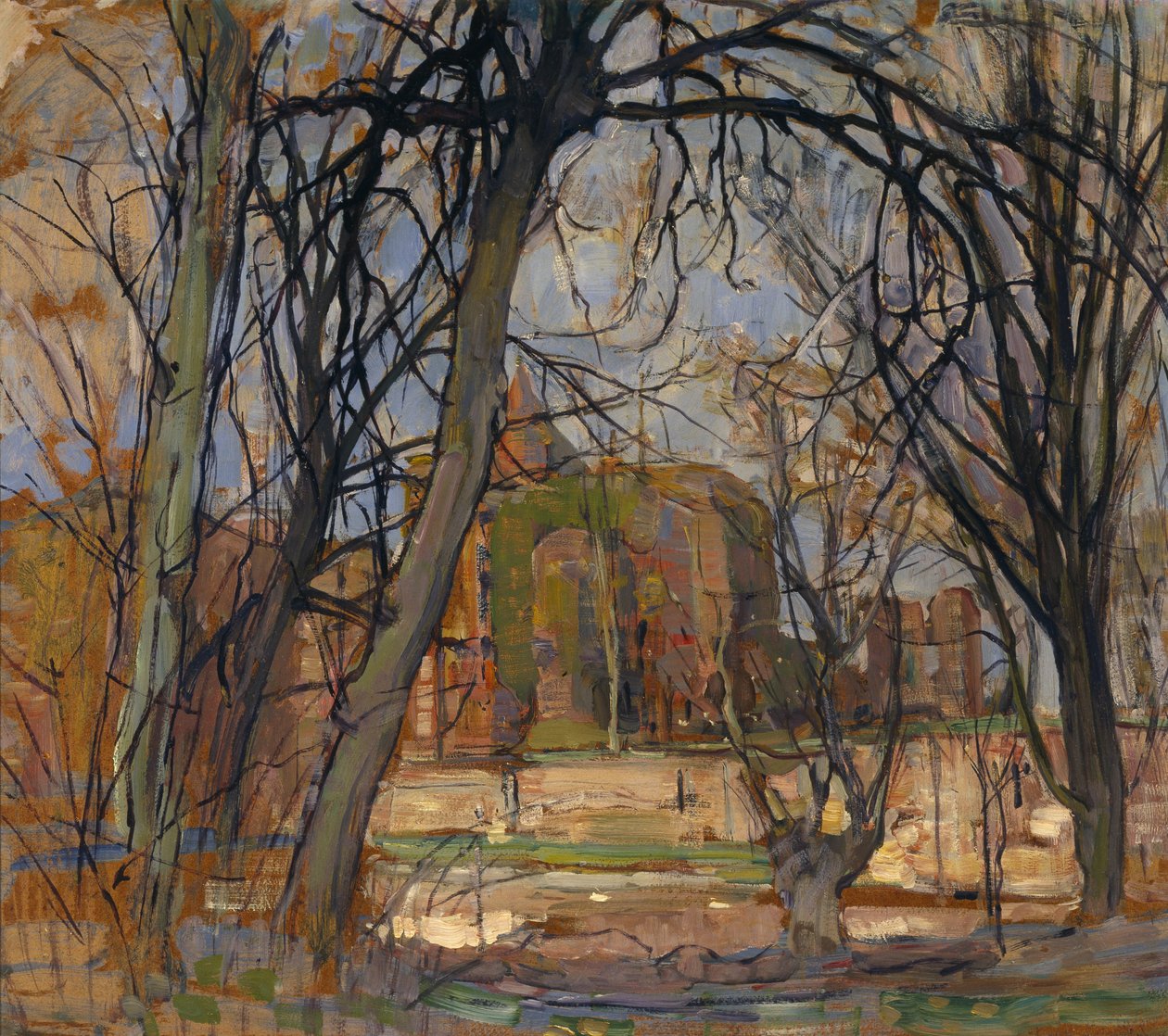 Forårssol (Lentezon): Slotsruin: Brederode, ca. 1909-10 (olie på masonit) af Piet Mondrian