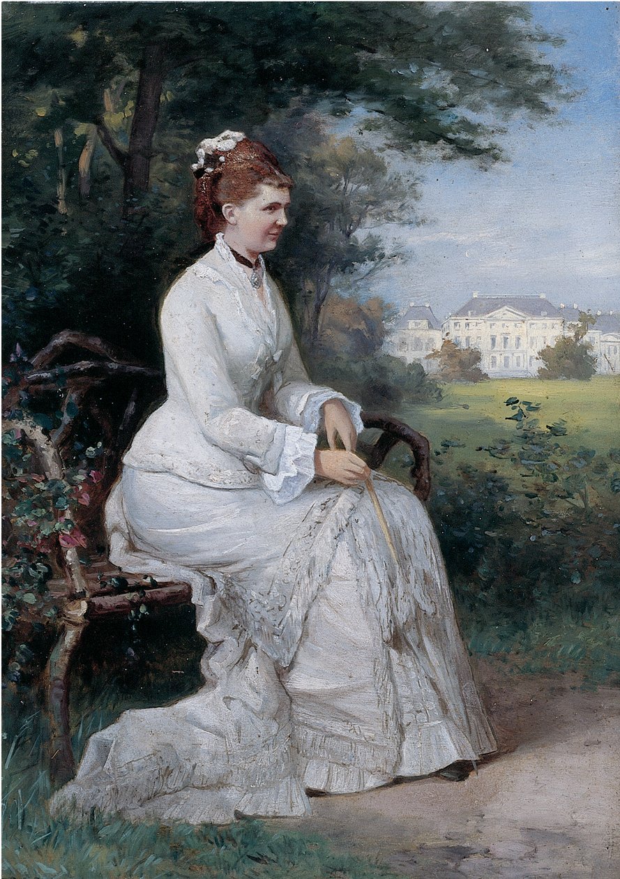 Portræt af prinsesse Emma von Waldeck-Pyrmont siddende på en bænk i parken ved Palace Het Loo (olie om bord) af Piet Schipperus