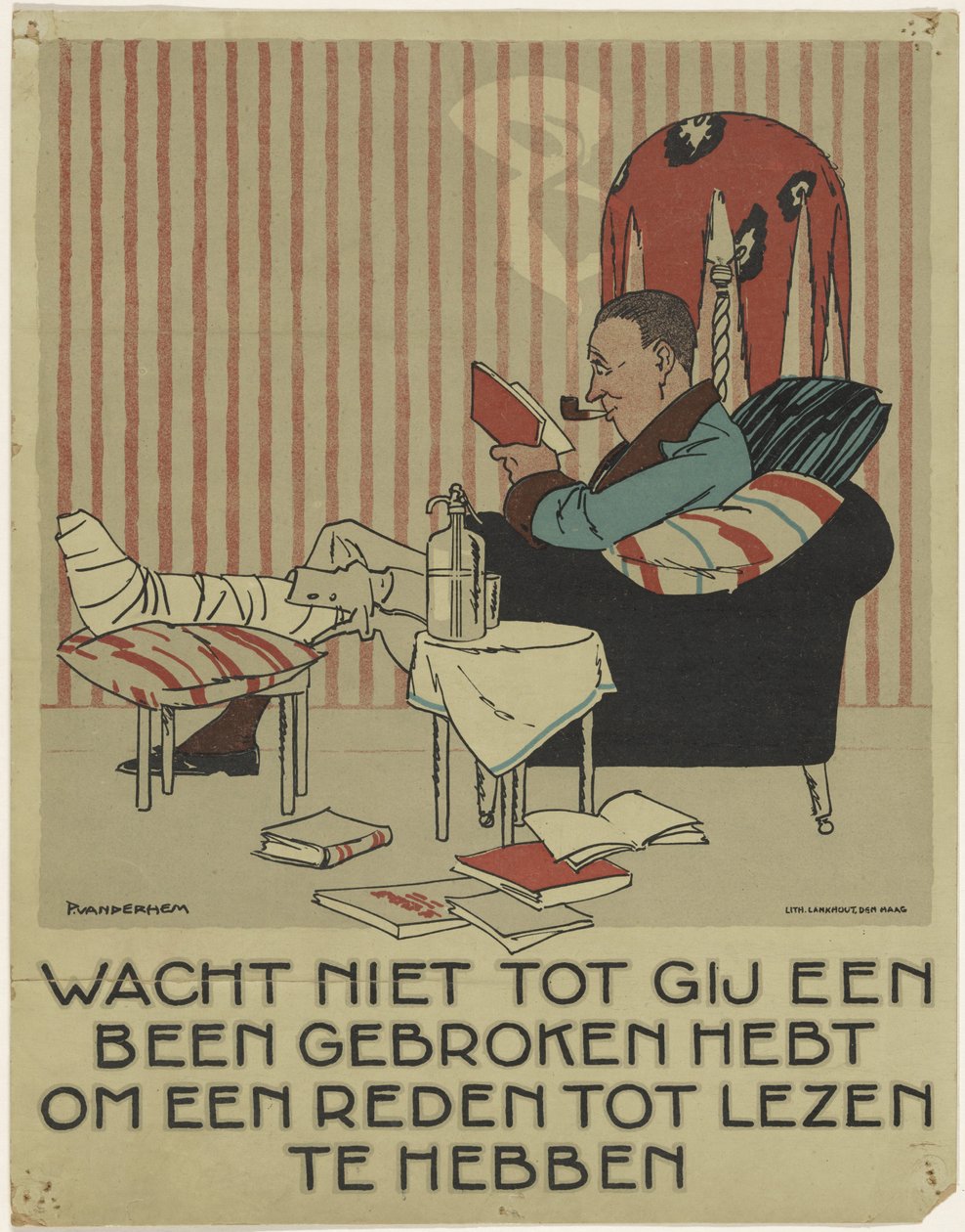 Mand læser med brækket ben i lænestol Kampagne for at promovere bogen (serietitel) af Piet van der Hem