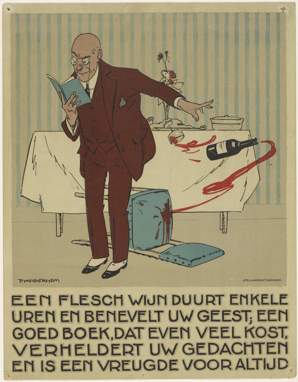 Mand, der læser, slår ved et uheld en flaske og et glas vin af bordet Kampagne for at promovere bogen (serietitel) af Piet van der Hem