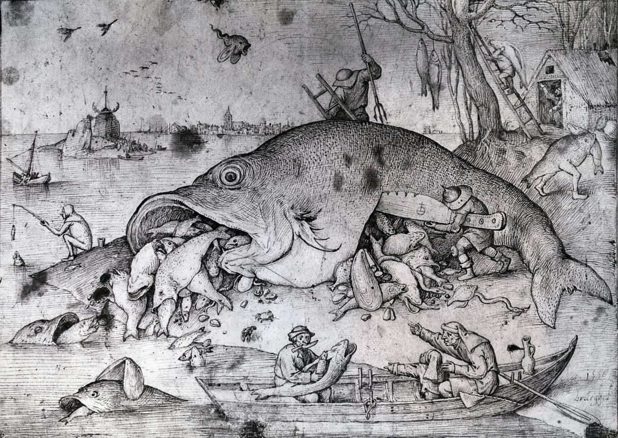 Store fisk spiser små, 1556 (pen og blæk på papir) af Pieter Bruegel the Elder