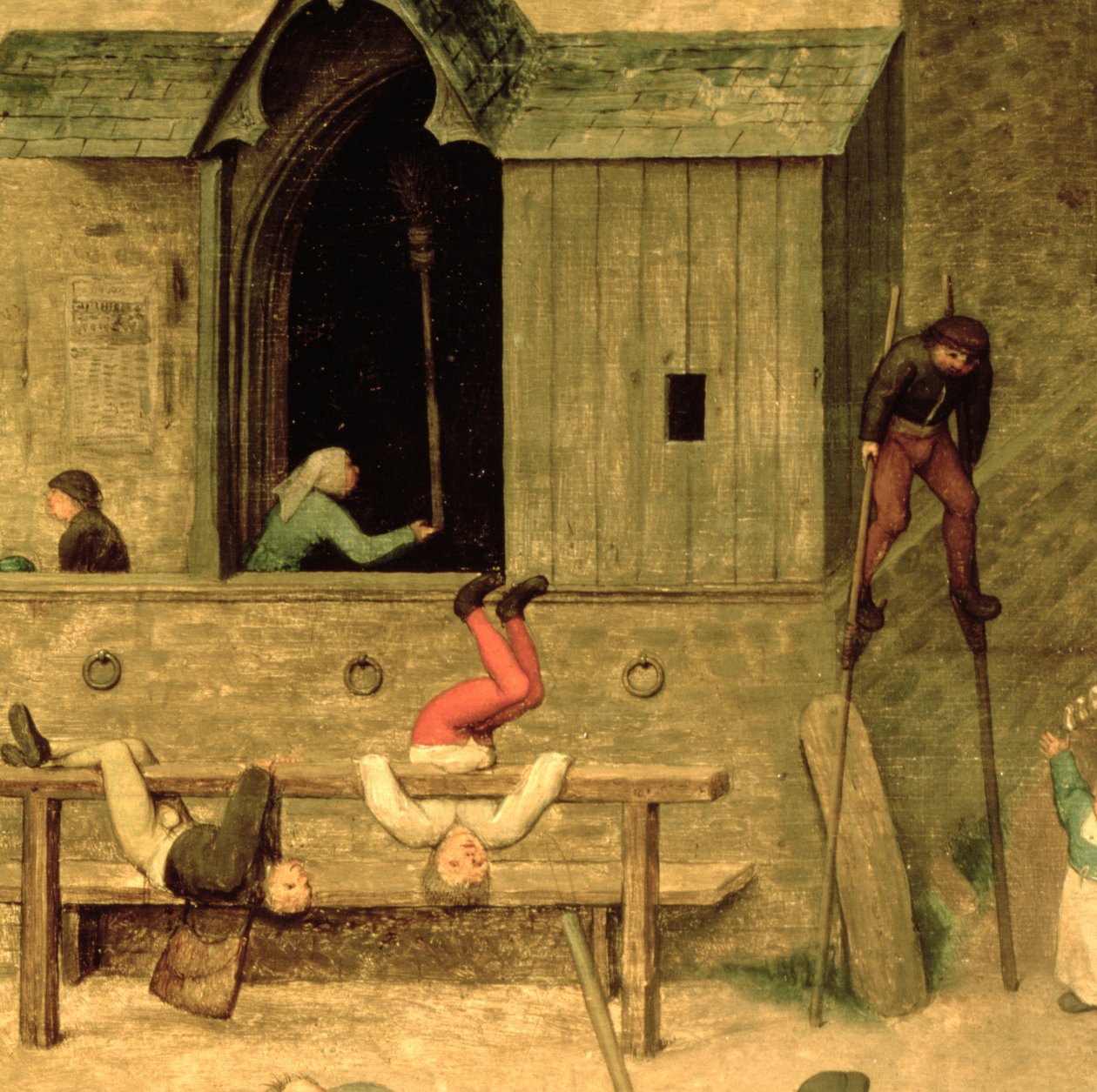 Børnelege (Kinderspiele): detalje af en dreng på stylter og børn, der leger i stokkene, 1560 (detalje af 68945) af Pieter Bruegel the Elder