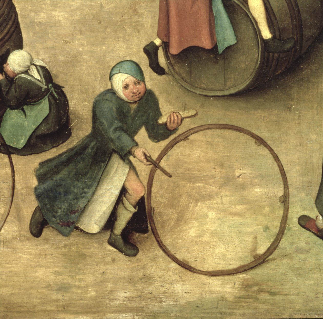 Børnelege (Kinderspiele): detalje af et barn med en pind og bøjle, 1560 (detalje af 68945) af Pieter Bruegel the Elder