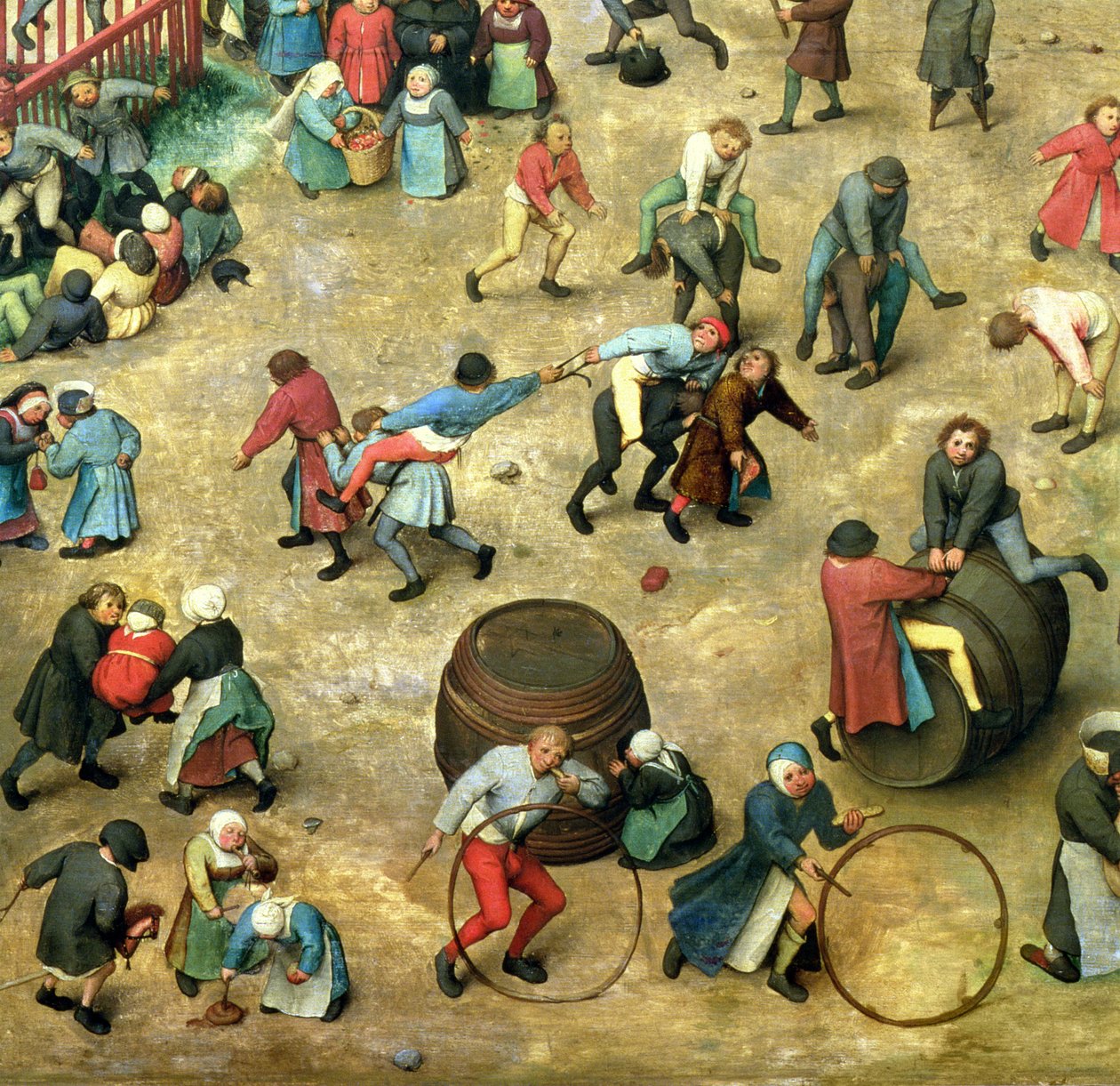 Børnelege (Kinderspiele): detalje af nederste sektion, der viser forskellige spil, 1560 (detalje af 68945) af Pieter Bruegel the Elder