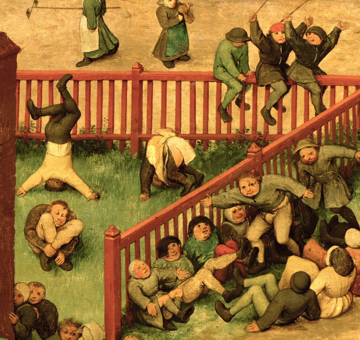 Børnelege (Kinderspiele): detalje af venstre sektion, der viser børn, der løber handsken, dyrker gymnastik og balancerer på et hegn, 1560 (detalje af 68945) af Pieter Bruegel the Elder