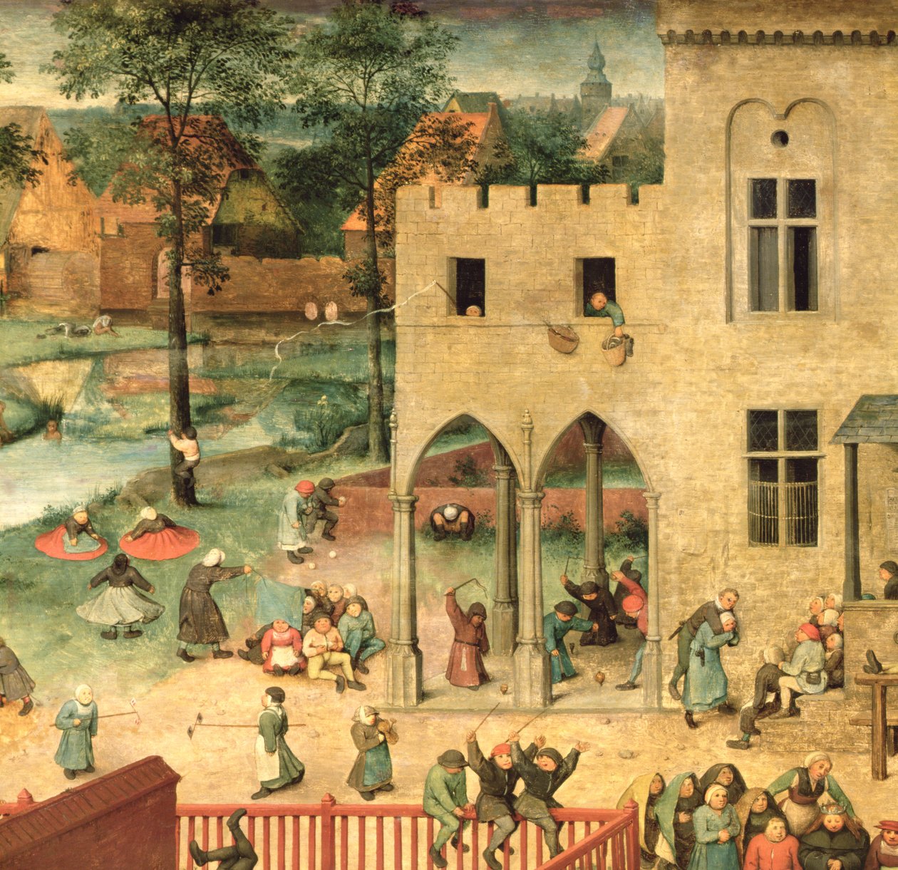Børnespil (Kinderspiele): detalje i øverste venstre hjørne, der viser børn, der snurrer og spiller skåle, 1560 (detalje af 68945) af Pieter Bruegel the Elder