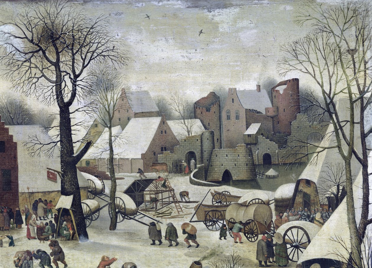 Folketællingen i Betlehem, detaljer om huse og fæstningsværker af Pieter Bruegel the Elder