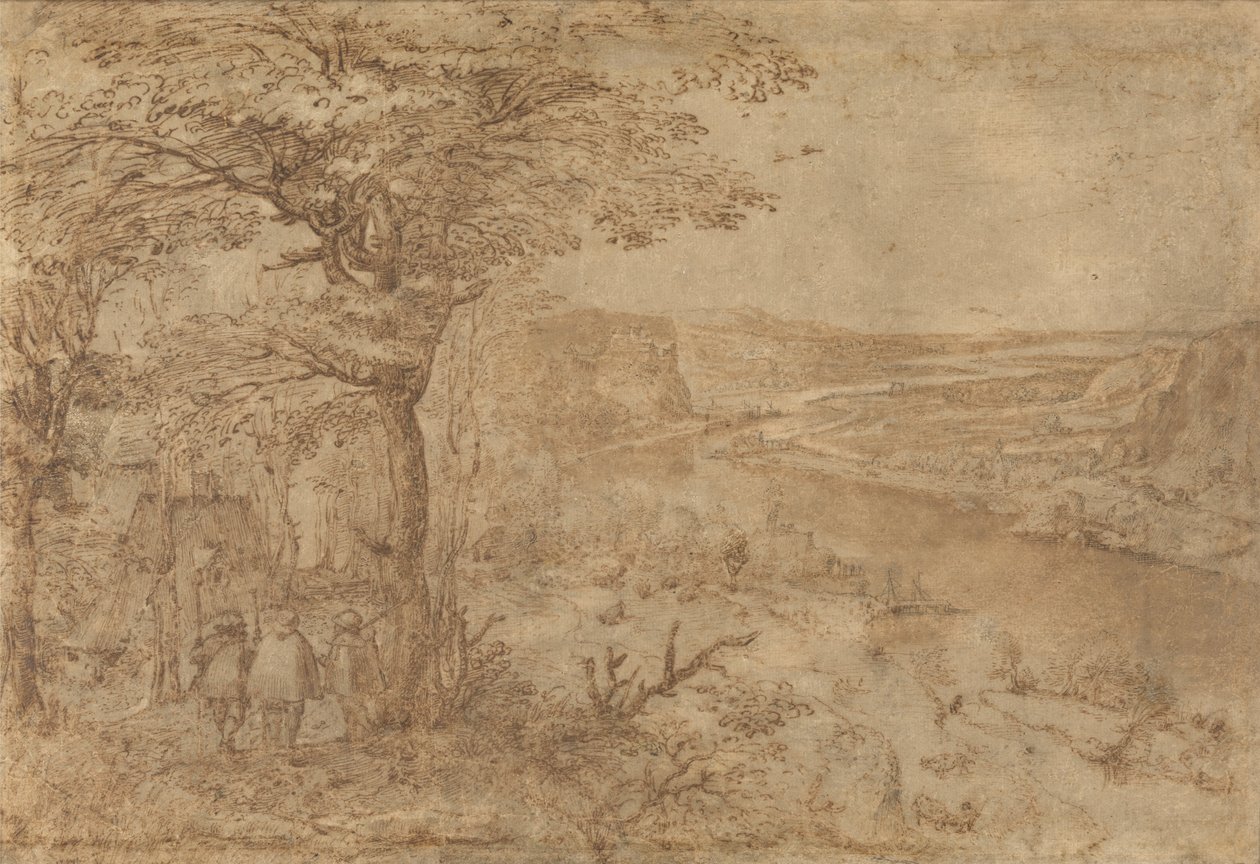Landskab med pilgrimme etiket af Pieter Bruegel the Elder