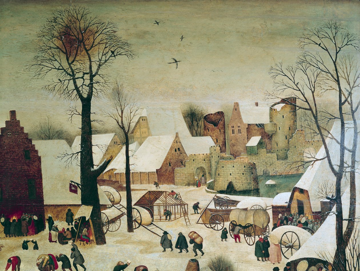 Folketællingen i Betlehem, detaljer om huse og fæstningsværker af Pieter Brueghel the Younger