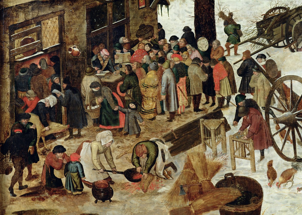 Betalingen af tiende, eller folketællingen i Betlehem, detaljer, efter 1566 af Pieter Brueghel the Younger