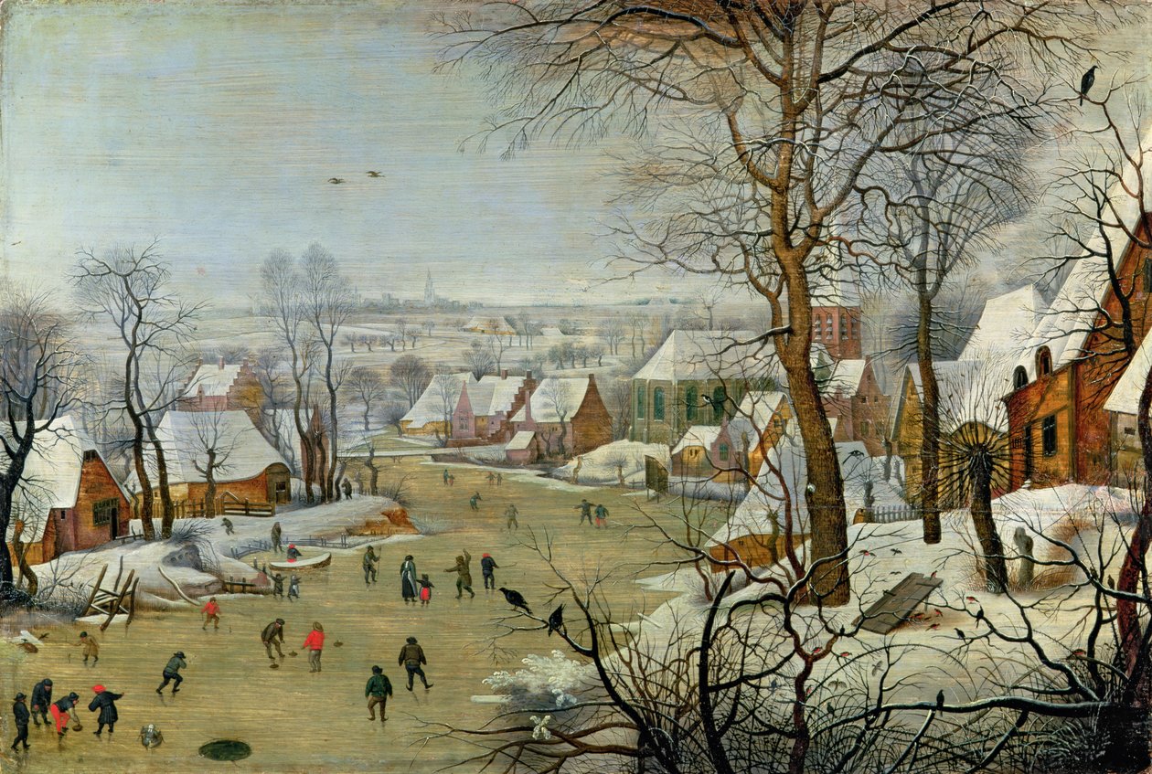 Vinterlandskab med skatere og en fuglefælde af Pieter Brueghel the Younger