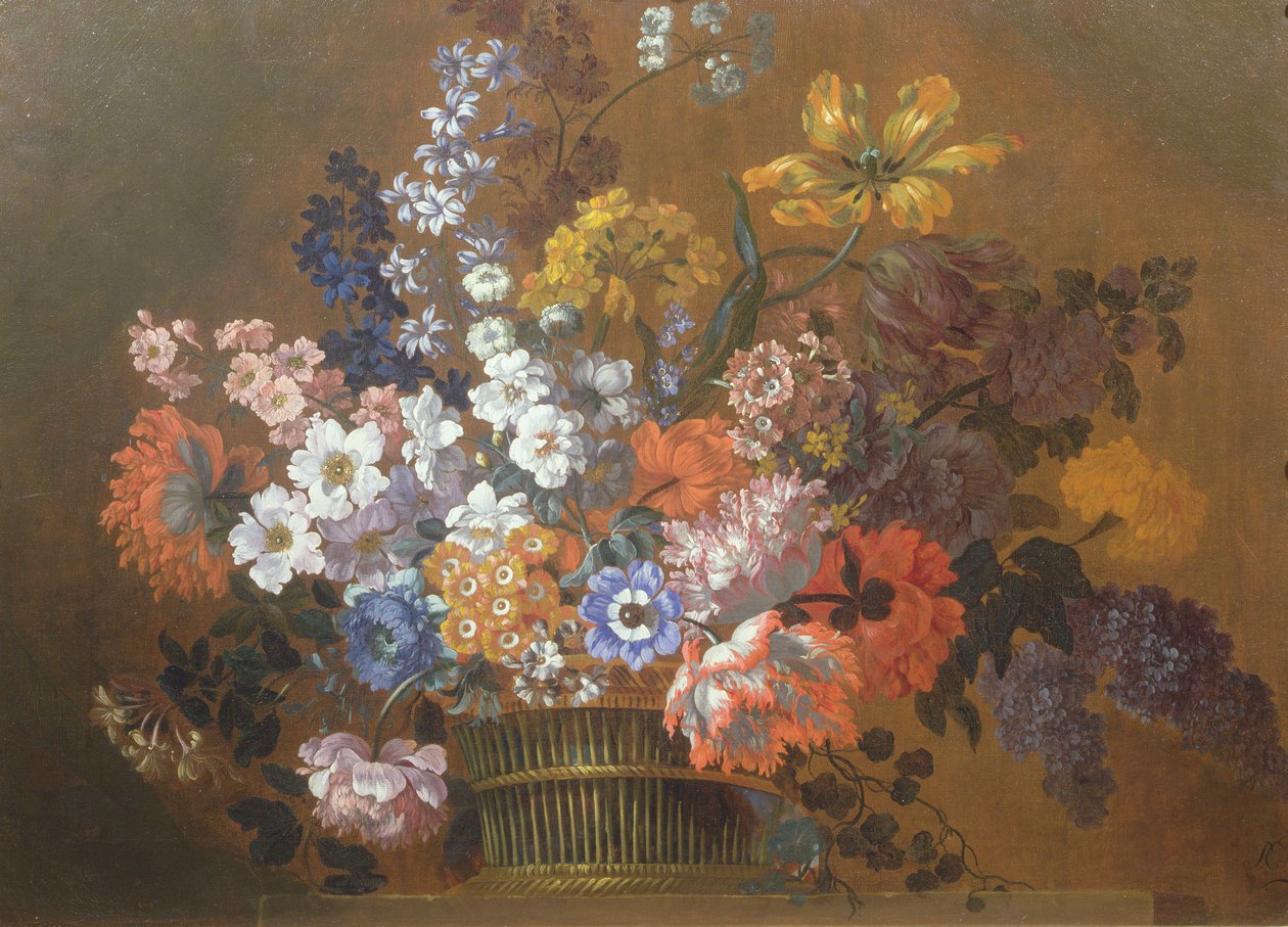 Et stilleben med blomster i en kurv på en afsats af Pieter Casteels