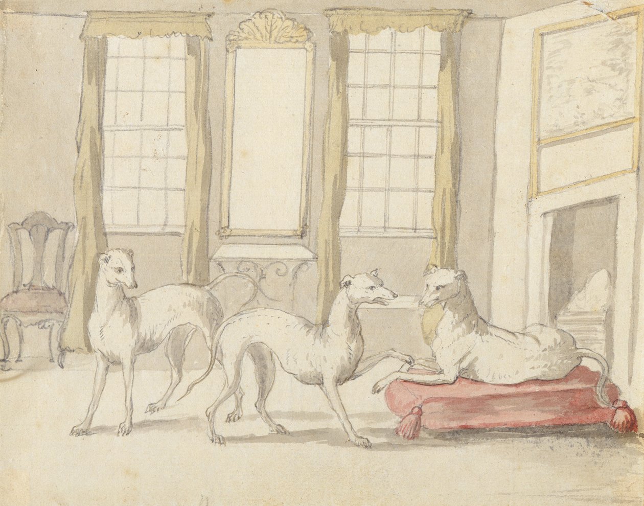 Tre Greyhounds i et rum (grafit og pen og blæk på papir) af Pieter Casteels
