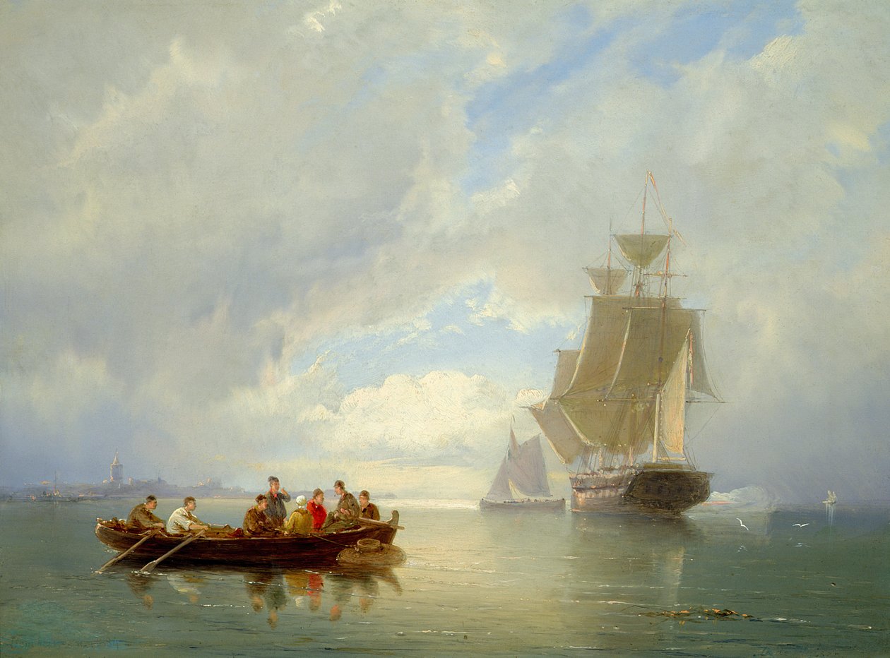 Et Skib Becalmed og en Robåd af Pieter Christiaan Cornelis Dommelshuizen