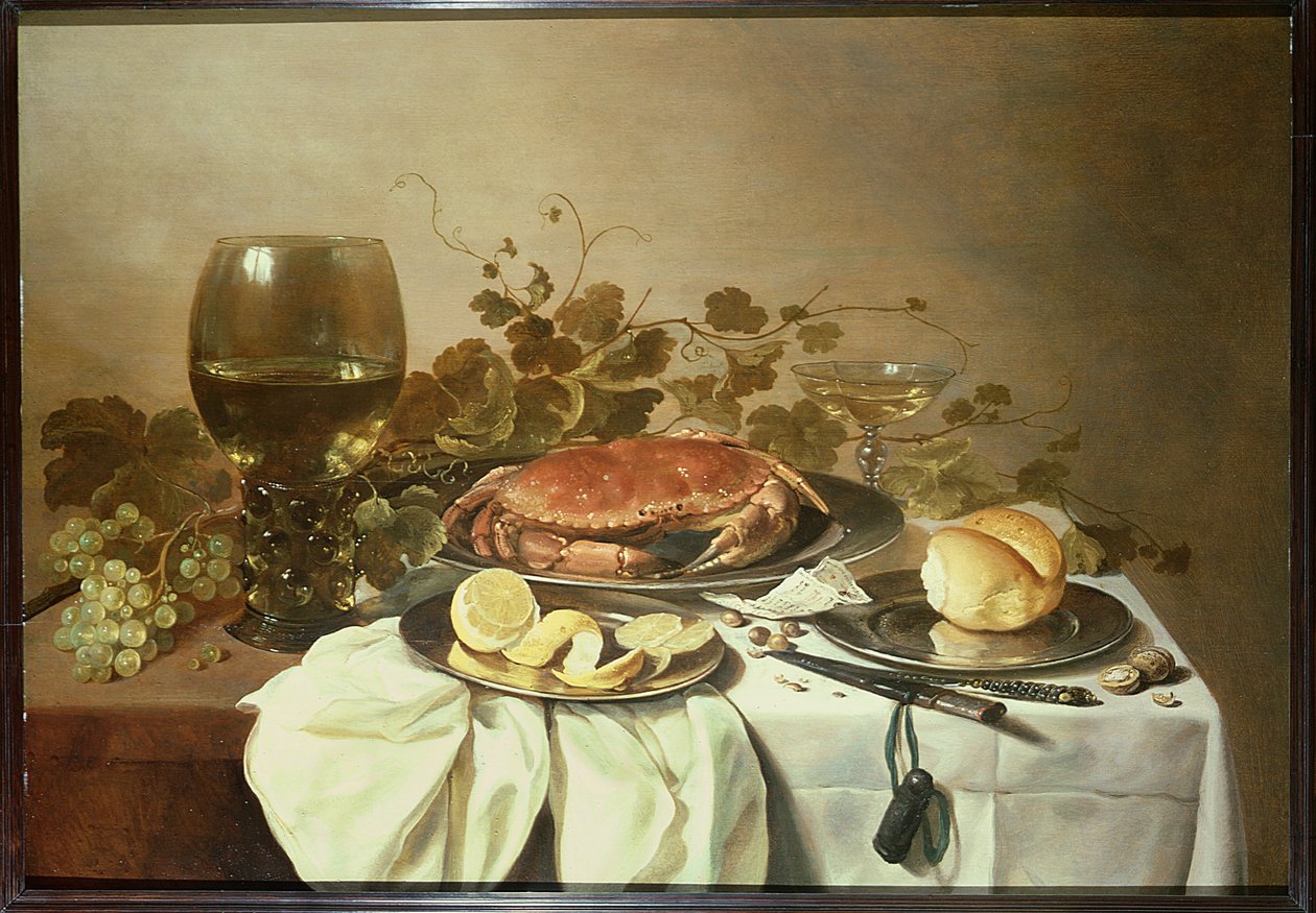 Morgenmad stilleben med roemer og en krabbe af Pieter Claesz
