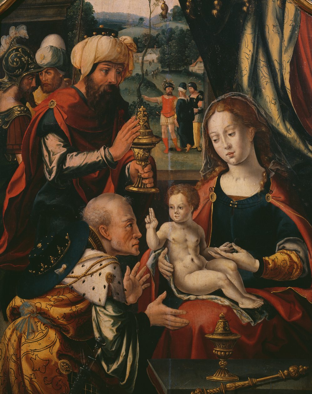 Tilbedelse af Magi, Epiphany Triptykon, detalje, ca. 1540 (se også 345852) af Pieter Coecke van Aelst