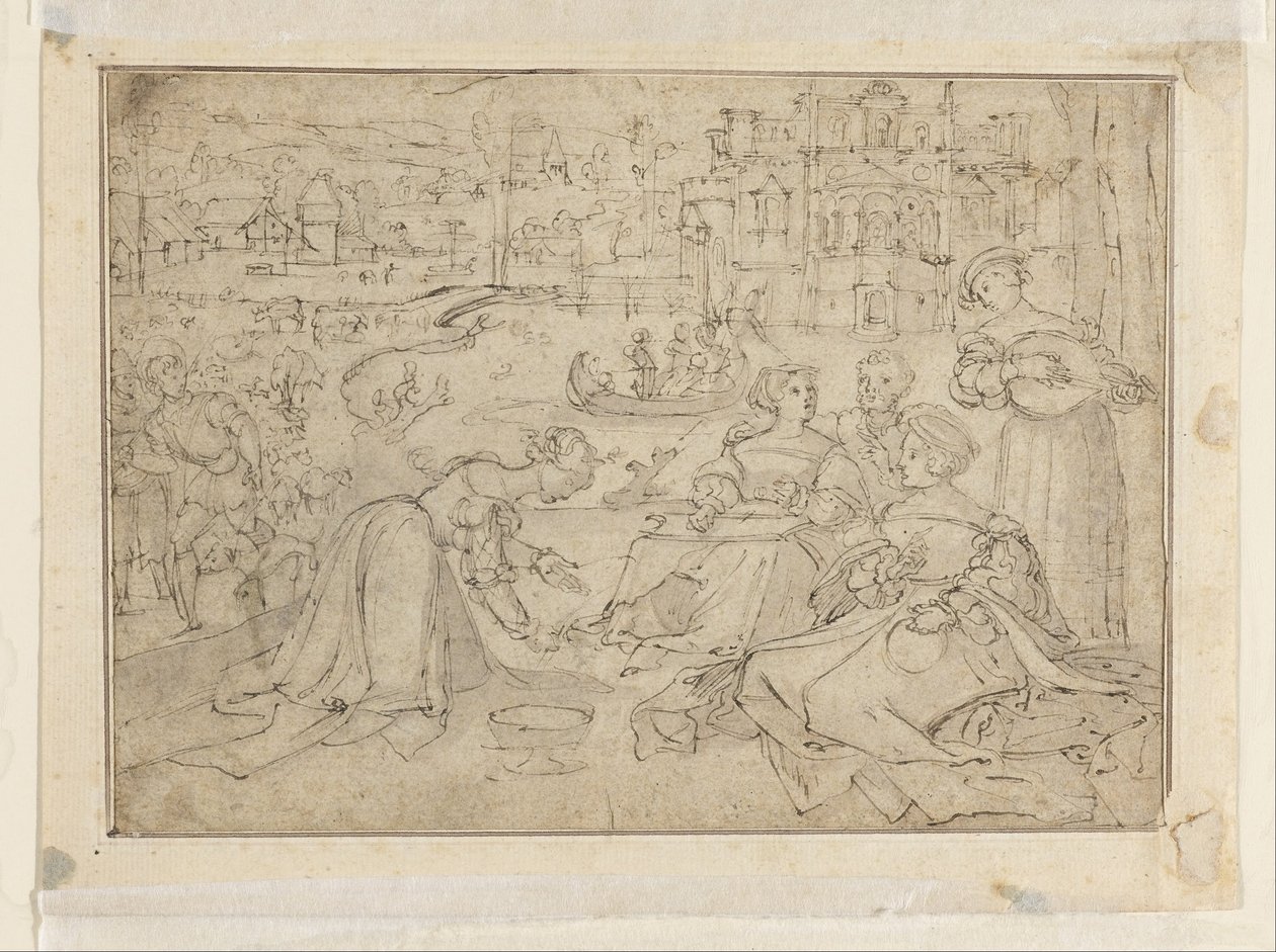 Recto: April måned (figurer i en park nær et slot) af Pieter Coecke van Aelst