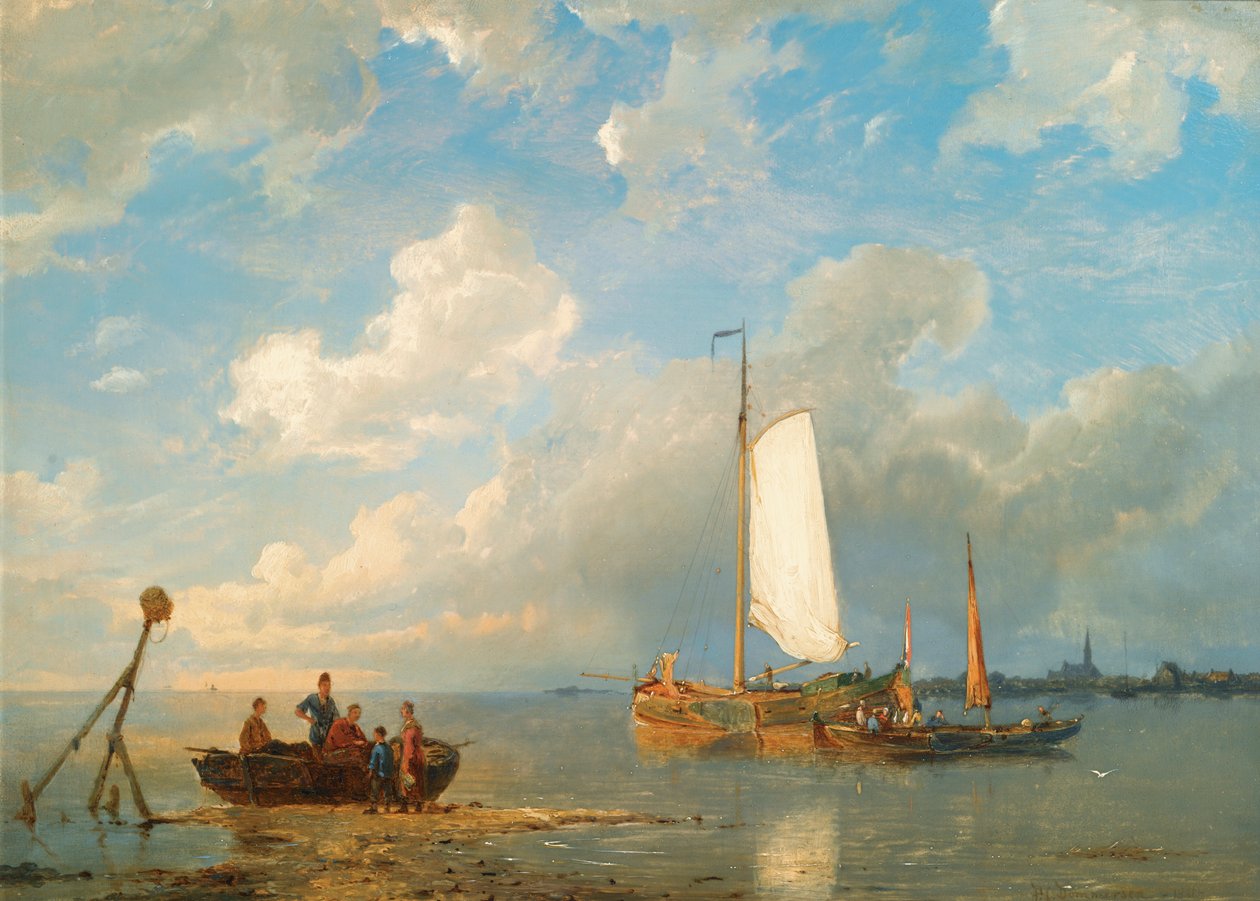 Skibe i en flodmunding ved lavvande af Pieter Cornelis Dommersen