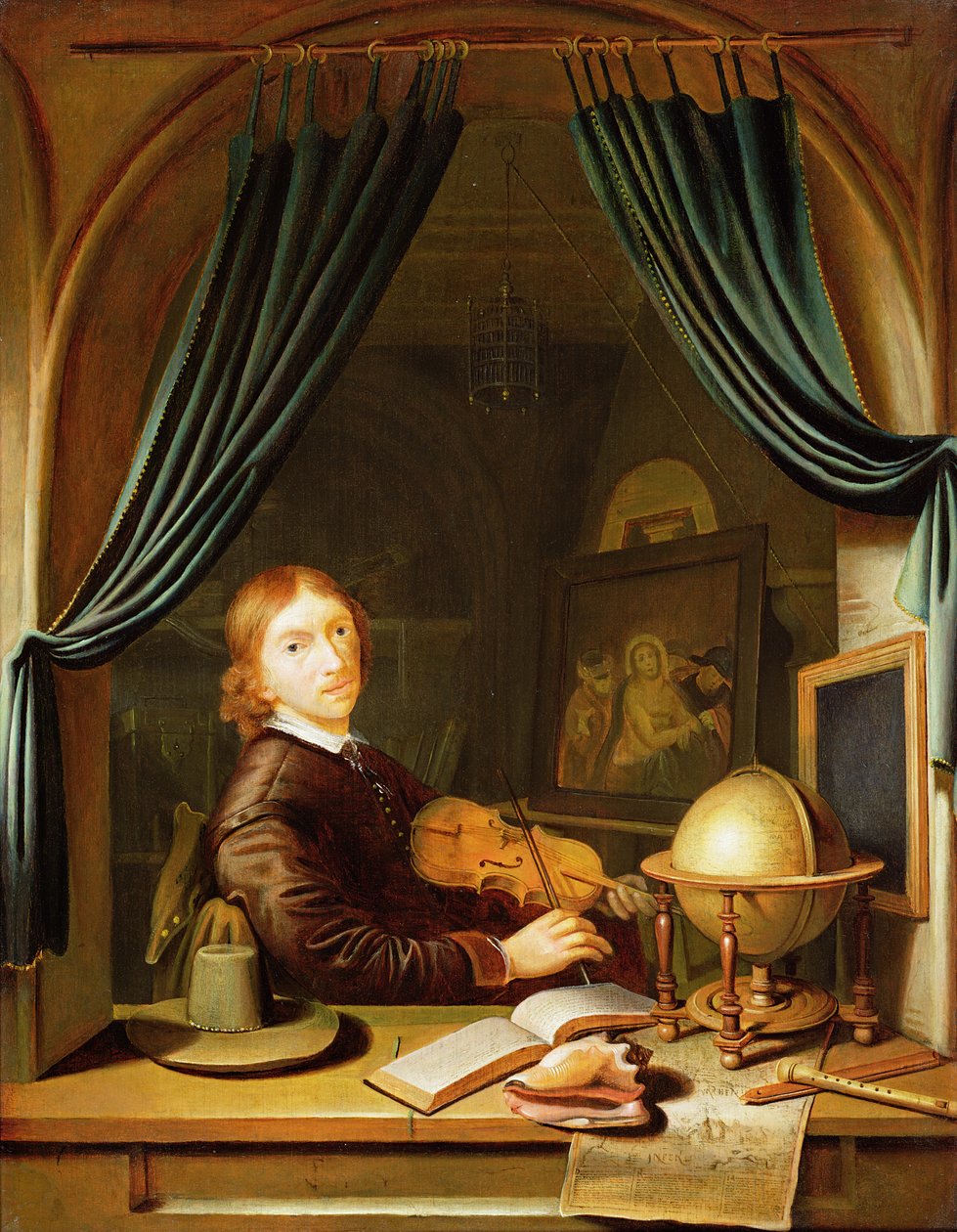 En musiker, der spiller på en violin ved en draperet kasse af Pieter Cornelisz van Egmont