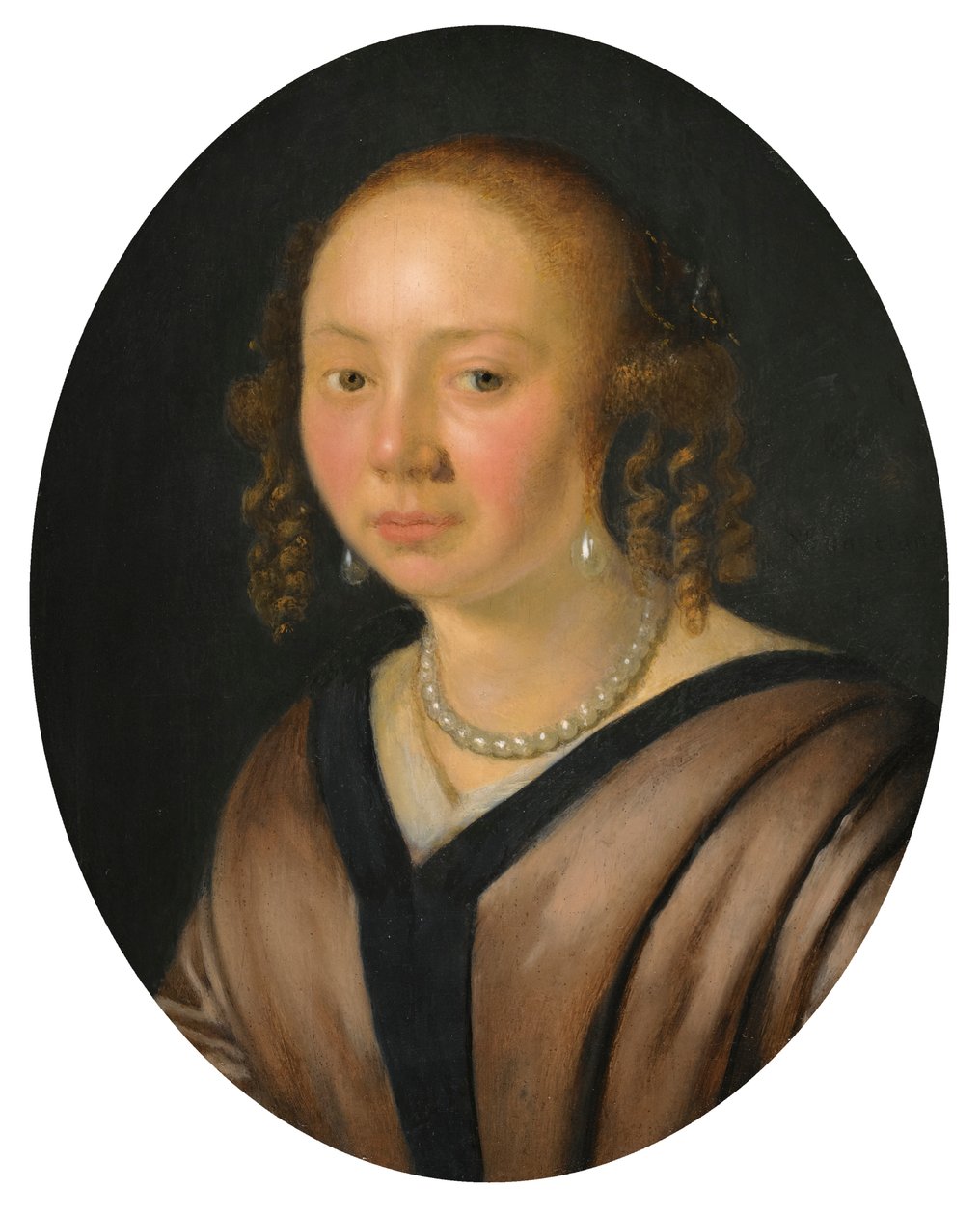 Portræt af en dame, hoved og skuldre med øreringe og en halskæde af Pieter Cornelisz van Slingelandt