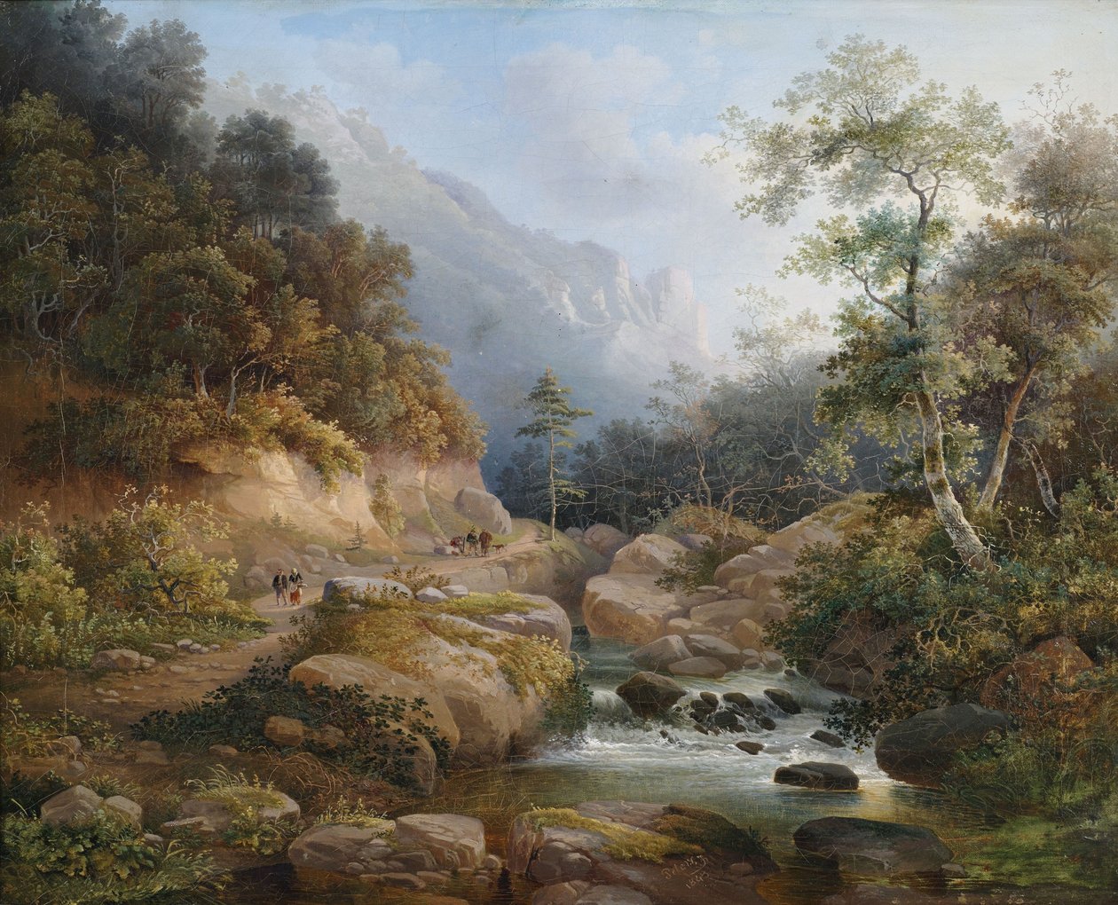 Bjergrige flodlandskab med figurbemanding af Pieter Francis Peters