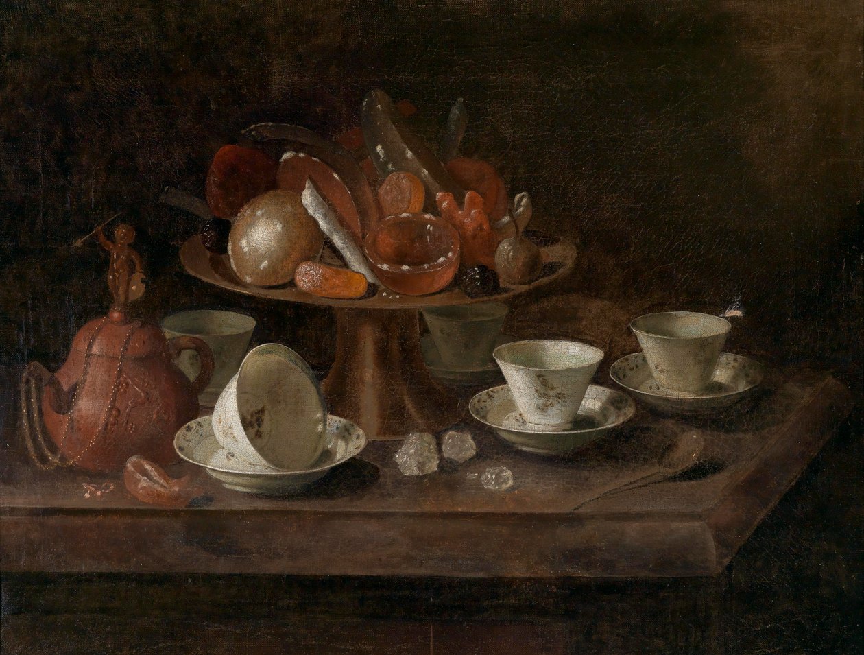 Stilleben med chokoladekopper og en tazza med slik af Pieter Gerritsz. van Roestraten