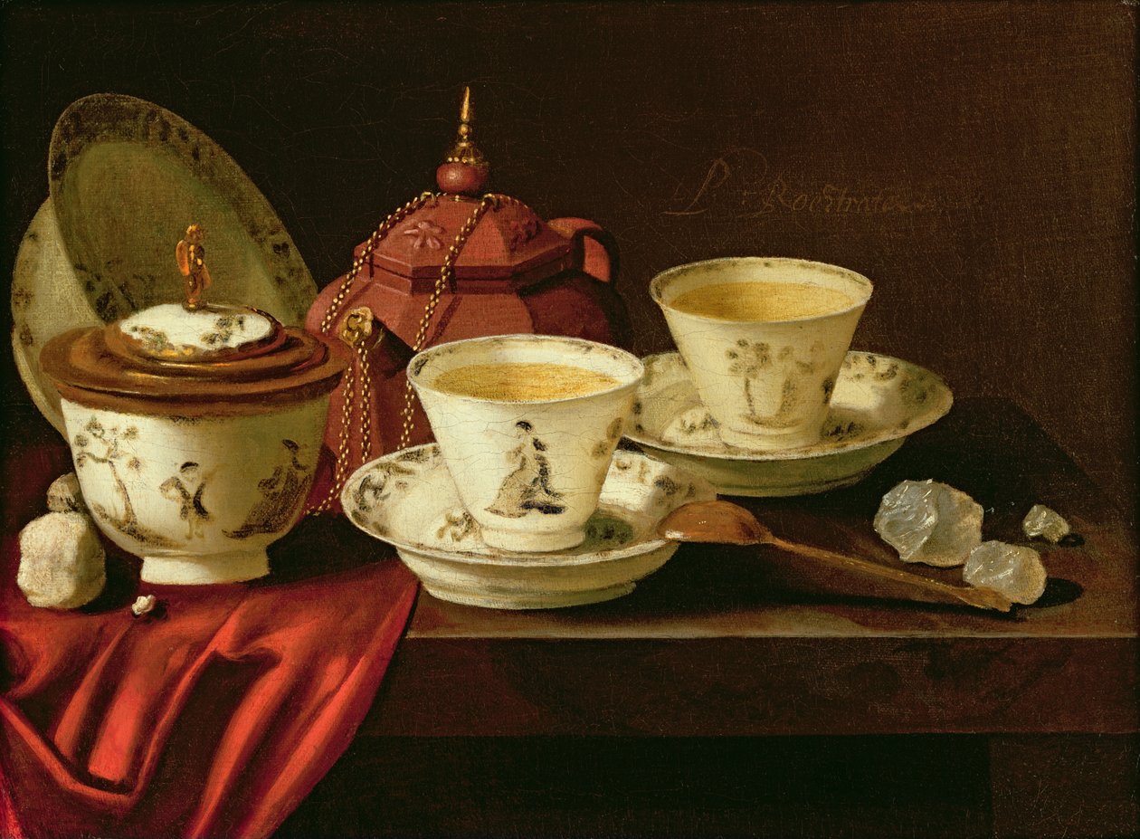 En Yixing tekande og en kinesisk porcelæns Tete-a-Tete på en delvist draperet afsats af Pieter Gerritsz. van Roestraten