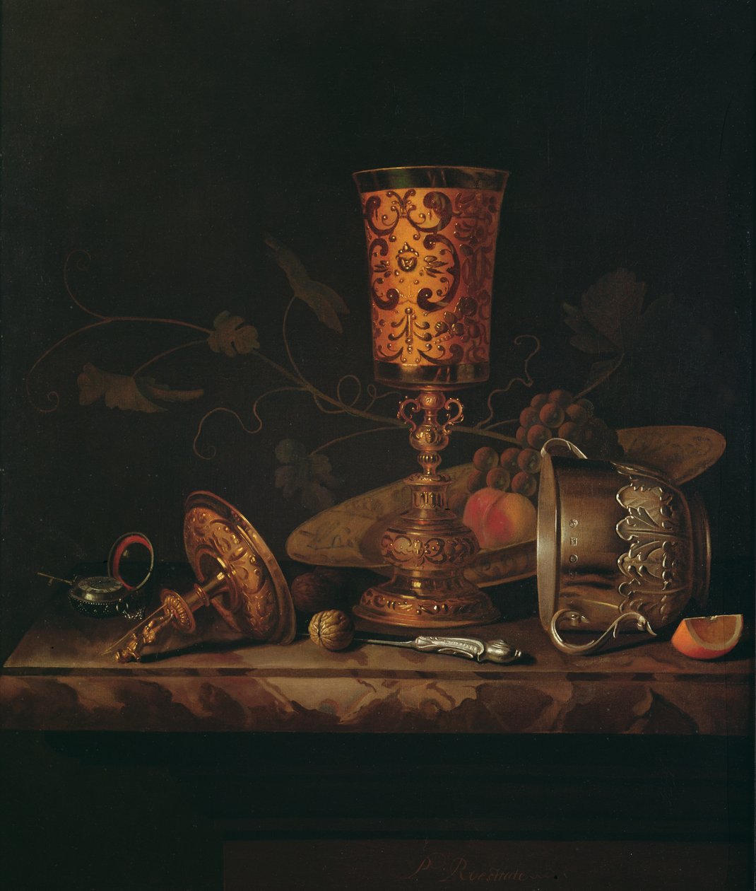 Stilleben med sølvbægre og Time Piece-pokal af Pieter Gerritsz. van Roestraten