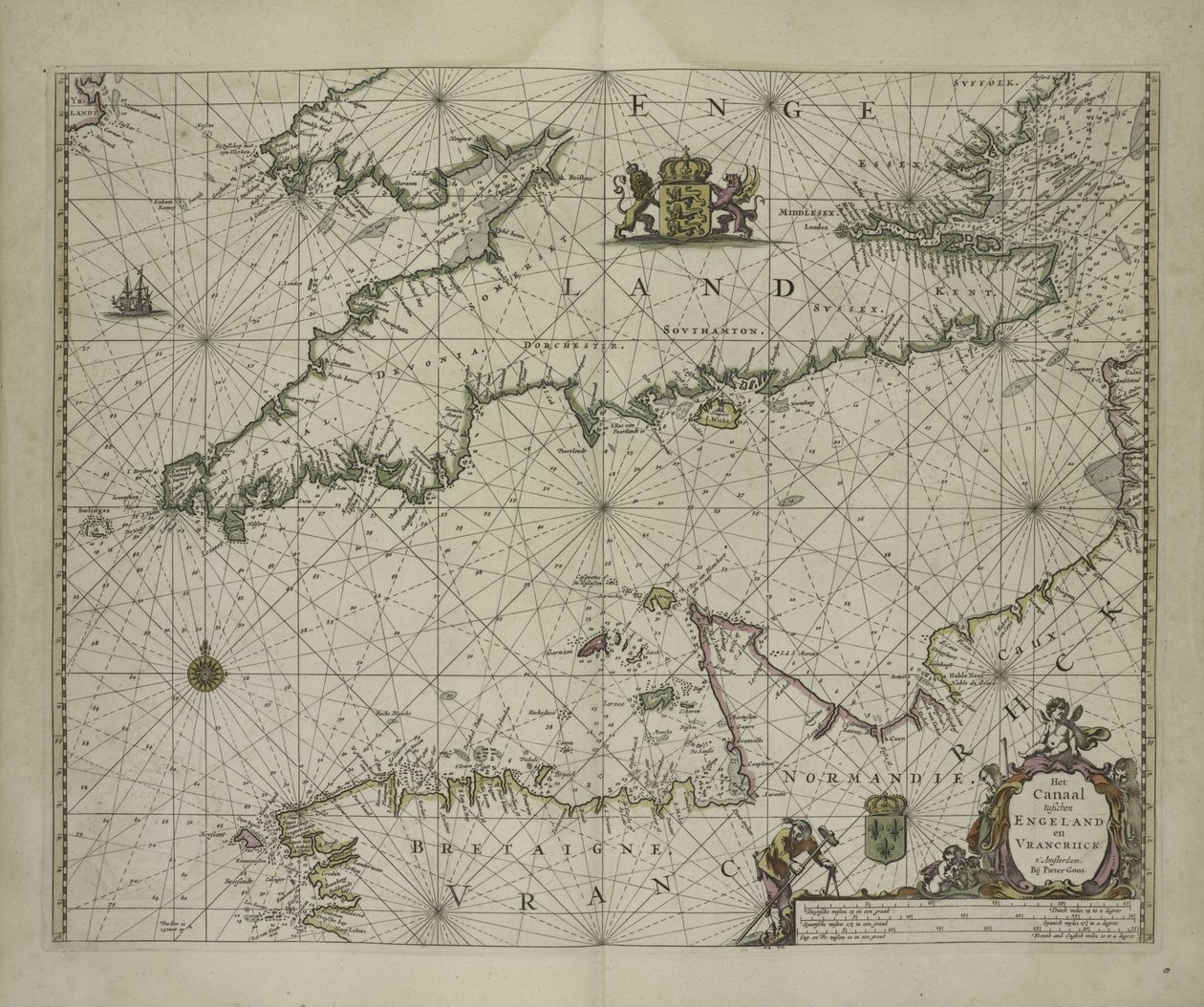 Antik kort over Channel, 1666 (farvegravering) af Pieter Goos