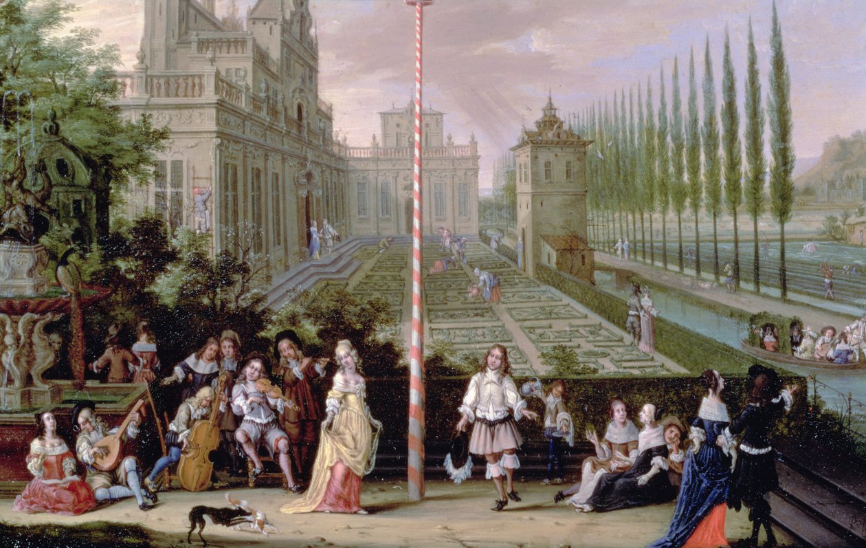 Detalje af elegante figurer, der spiller på musikinstrumenter omkring en majstang (olie på kobber) (detalje af 82407) af Peeter Gijsels