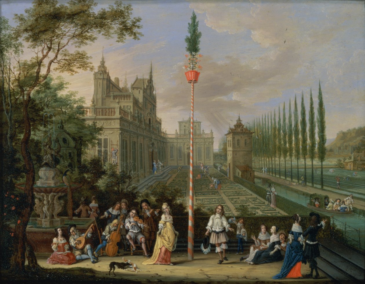 Elegante figurer, der spiller på musikinstrumenter omkring en majstang (olie på kobber) (for detaljer se 86499) af Peeter Gijsels